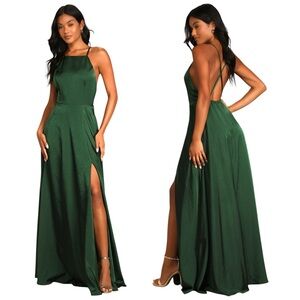 NWOT Lulus Total Beauty Dark Emerald Green Satin Backless Maxi Gown Dress